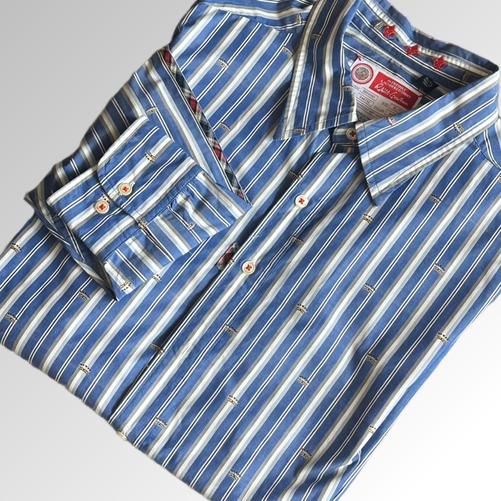 Robert Graham Shirt‎ Men’s XL Blue White Stripe with Plaid and Embroidery Detail